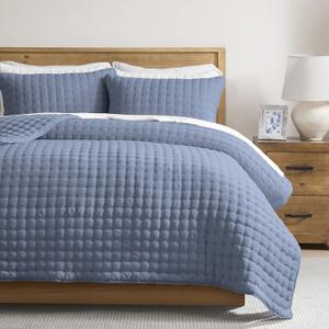 WDCOZY Dusty Blue Cloud Quilt Set Twin Size, Lightweight Soft Cross Stitch Bedspread, Farmhouse Rustic Country Coverlet, Spring Summer Thin Comforter, 2 Pieces, 2 Pillow Shams, 90x90 inches