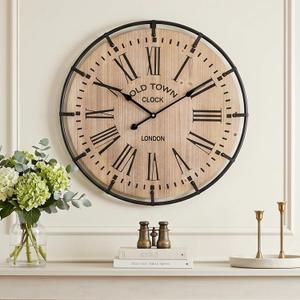 EMAX HOME 20 Inch Large Farmhouse Wall Clock, Light Wood Grain Face with Black Metal Frame, Silent Non-Ticking Quartz Movement, Easy-to-Read Roman Numerals, for Living Room, Bedroom, Kitchen.