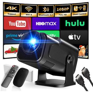 Mini Projector 2025 Upgraded Dual Control 1980x1080P 4K Support Portable Video Projector WiFi 6 BT5.2 180 Keystone Compatible with TV Stick/Memory Stick/Smartphone/USB/Laptop, Dark