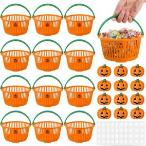 12 Pcs Halloween Pumpkin Baskets Bulk Trick or Treat Candy Buckets Plastic Devil Smile Candy Basket with Handle Pumpkin Resin Charms Jack O Lantern for Halloween Party Favors Decorations Gift