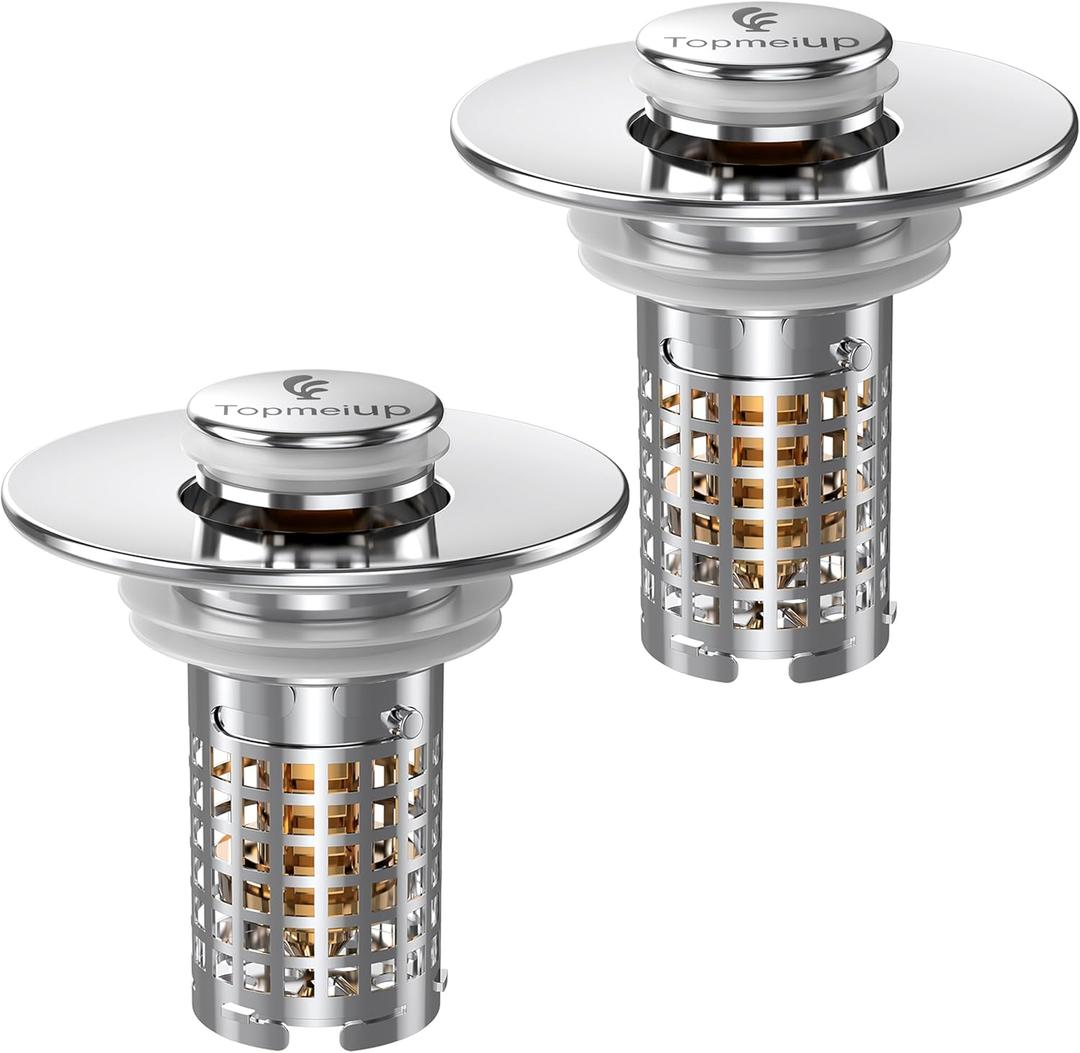 Sink Stopper Hair Catcher(New-2pcs), Pop-up Sink Drain Strainer with Removable Stainless Steel Strainer Basket Hair Catcher, Bathroom Sink Strainer for Bathroom Sink Stopper Replacement