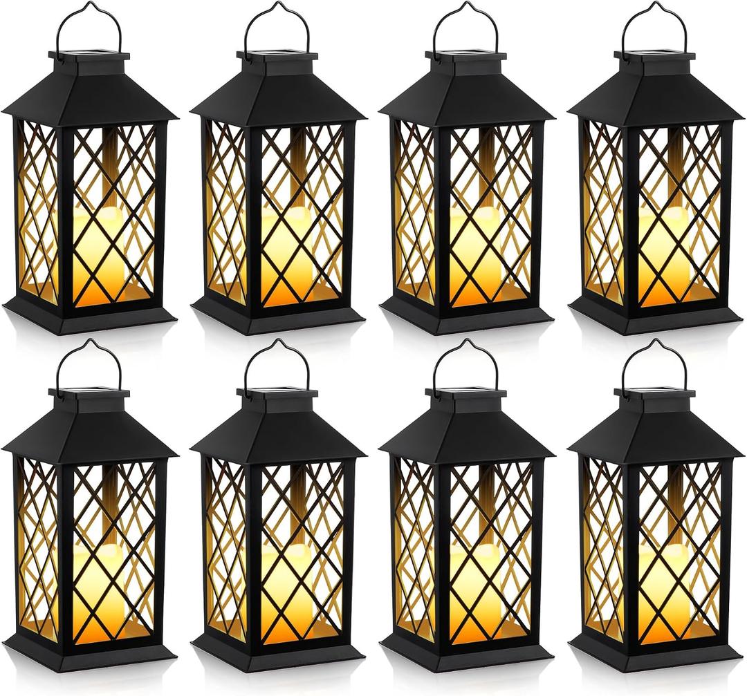 8 Pack Solar Hollow Lanterns Outdoor, Waterproof Patio Hanging Lanterns with LED Flickering Flameless Candle Lights, Decorative Solar Lantern for Porch, Garden, Patio, Yard, Table