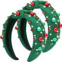 2 x 2Pcs Christmas Headbands for Women - Red Green Pearl Rhinestone Crystal Jeweled Headbands - Fashion Elegant Wide Top Knot Christmas Headband for Holiday Costumes for Women Accessories(Green) (Green)