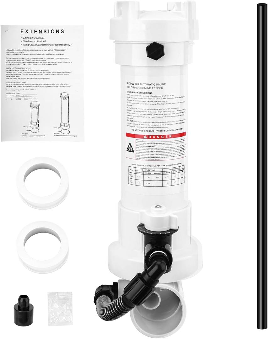 2025 Upgrade R171096 320 Automatic in-Line Chlorine/Bromine Feeder with Chlorinator Tube & Bushing Compatible with Rainbow's 320 Designed for Pools and Spas Return Line