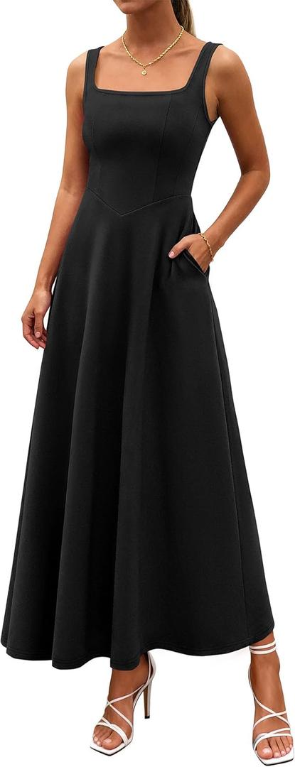 PRETTYGARDEN Womens Summer Dresses 2026 Sleeveless Elegant Square Neck Aline Swing Maxi Beach Wedding Guest Dress Pockets (Large, Black)