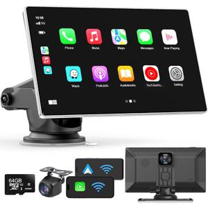 Portable Apple Carplay Screen for Car, 9" Wireless Apple Carplay & Android Auto,4K Dash Cam,1080p Backup Camera DVR,Car Audio Receivers GPS Navigation Mirror Link, Bluetooth,FM, Siri