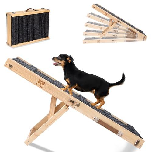 Upgraded 2026 MYUNIK Adjustable Small Dog Ramp 37.8" Foldable Solid Wood Pet Small Ramp with 5 Heights 13.6–21.5", Non-Slip Carpet Handle Ramp for Bed Couch Sofa & Car