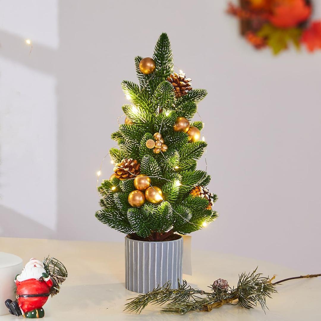 Classic Small Christmas Tree Table Decor - Mini Tabletop Artificial Tree Indoor Christmas Holiday Centerpiece for Desktop Home Office Bedroom Decor Gift(Gold Pine)