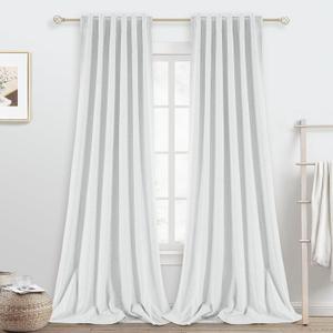 90 Inches Length Long White Linen 100% Blackout Curtians, Back Tab Thermal Insulated Living Room Darkening Curtains 2 Panels Sets for Bedroom Elegant