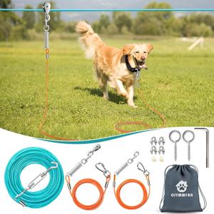 Professional Dog Runner Trolley SystemHeavy Duty & Adjustable 175ft Dog Zip Line with 10ft & 15ft Tie Out for Large Dogs Up to 250lbs, Chew Proof Dog Run Cable for Yard, Camping & Outdoor Adventure (Ice Blue + Orange)