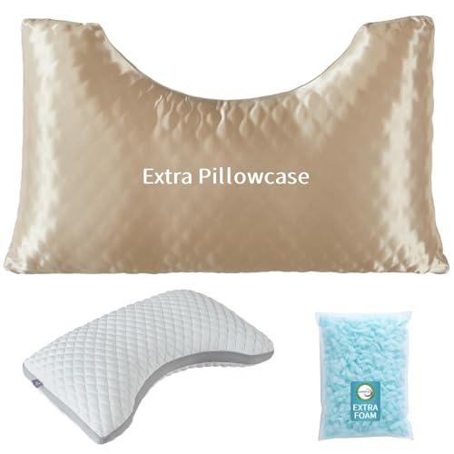 LOFE Side Sleeper Pillows for Adults - Curved Pillow with 3 Compartments for Neck Pain Relief, Adjustable Crescent Pillow Side Sleeper with Extra Shredded Memory Foam Bag and 2 Pillowcases, 19 * 29in