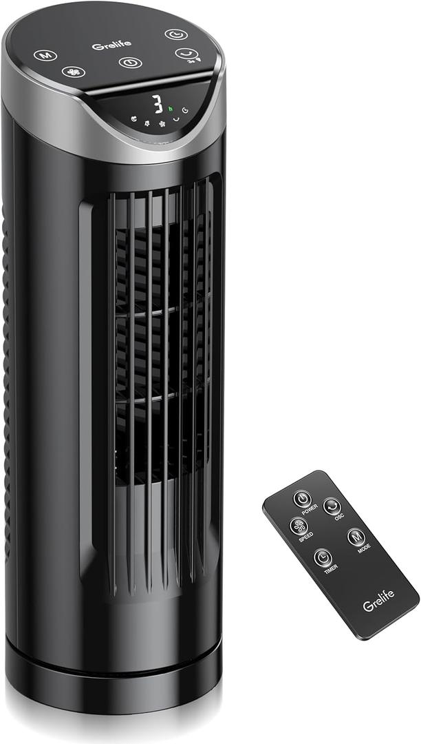 Grelife 13'' Tower Fan for Bedroom, 26dB Quiet Floor Fan with Remote, 3 Mode, 1-8H Timer, 90 Oscillating Fans for Indoors with 27ft/s Velocity, Portable Desk Table Fan for Room, Home, Office, Black