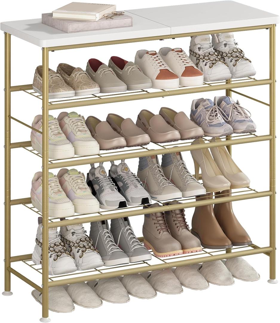 SUOERNUO Shoe Rack Organizer 5 Tier for Closet Entryway Free Standing Metal Storage Shoe Shelf with MDF Top BoardGold