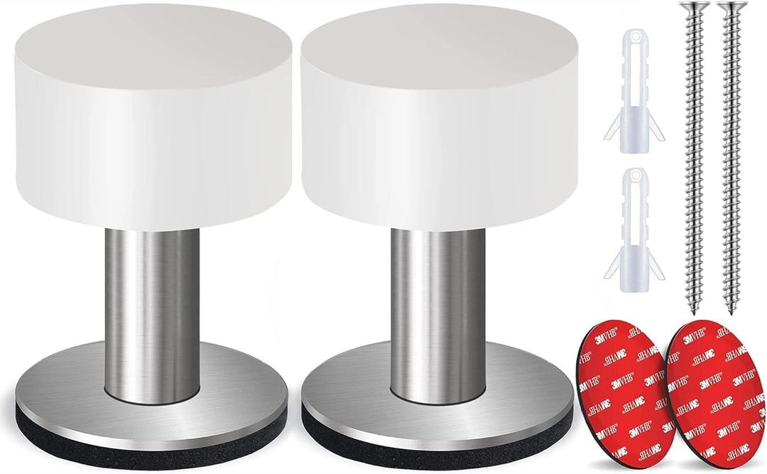 2Pcs Door Stoppers, Self Adhesive Rubber Bumper wall Door Bottom Stopper Knobs Baseboard with 2 Sticker for Floor Shower Refrigerator (2 Pack - 2.56 inches (with screws), White)