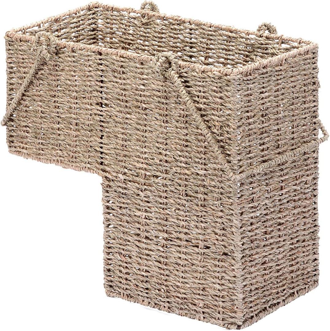 14-Inch Wicker Staircase Basket with Handles - Handmade L-Shaped Woven Seagrass Stair-Style Storage Organizer - Durable Container by Villacera (Natural)