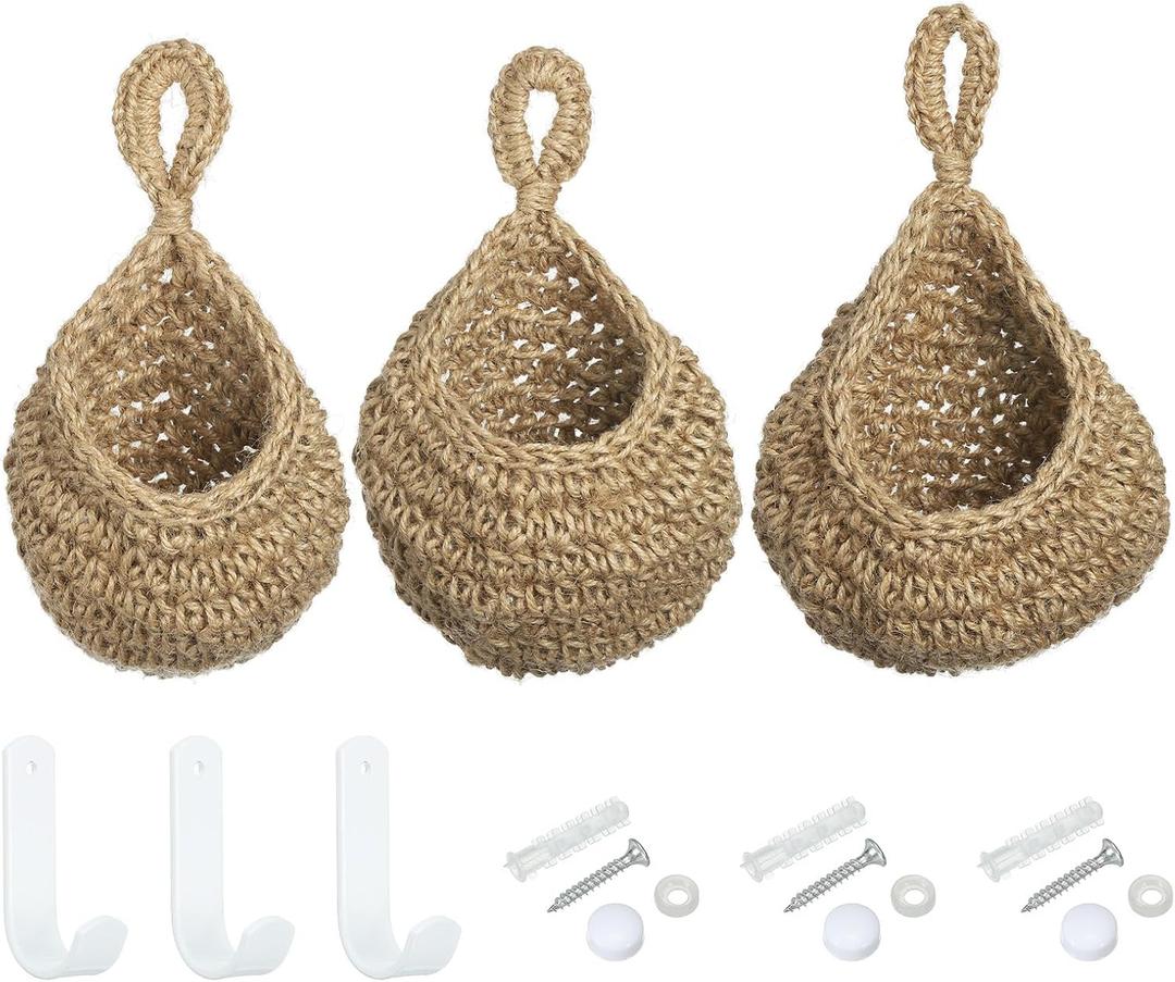 PATIKIL Hanging Fruit Baskets for Kitchen, 3 Sizes Teardrop Home Decor Storage Hand-Woven Wall Hanging Basket for Garlic Potato Vegetable, Brown