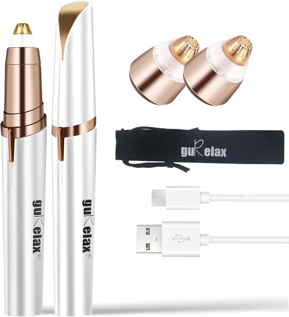 gurelax Eyebrow Hair Remover, Electric Eyebrow Trimmer for Women,Face and Eye Epilator with LED Light for Women Rechargeable with 2 x Replacement Heads (White)