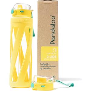Pandaloo Orbit 32 oz Glass Water Bottle with 2 Leak-Proof Lids (Straw & Spout), Wide Mouth, Borosilicate Glass, BPA-Free, Cup Holder Friendly for Gym, Work, Travel & Daily Hydration Sunbeam Yellow