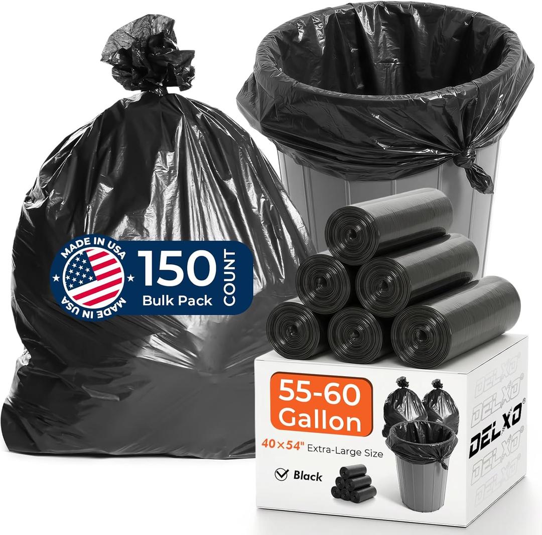 Delxo 55-60 Gallon Trash Bags, 150 Count, 40×54'' Large Black Garbage Bags – Light-to-Medium Duty Star-Seal Can Liners for Commercial, Lawn and Leaf Bags – Bulk Value Pack, Made in USA