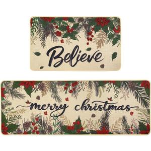 Heirloom Haven Christmas Kitchen Rugs Set of 2,Winter Poinsettia Holly Berry Low-Profile Holiday Home Decor Kitchen Mats for Home Kitchen Floor 17x29 and 17x47 Inch (Green)