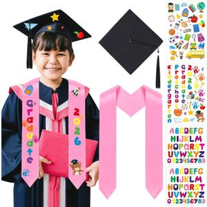 6 Pcs 2026 Preschool Kindergarten Graduation Cap Stole Iron on Letter Set Unisex Cap and Graduation Sash Sublimation Blank Stole Graduation Gifts for Kids Iron on Letters for DIY Craft (Pink)
