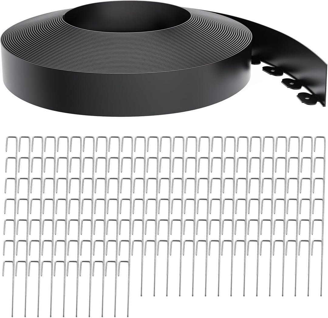 Landscape Edging 4 Inch Tall 150FT with 160Pcs Metal Spikes, Plastic Garden Edging Border Landscape Edging Border Lawn Edging for Landscaping, Flower Bed, Yard (Black)