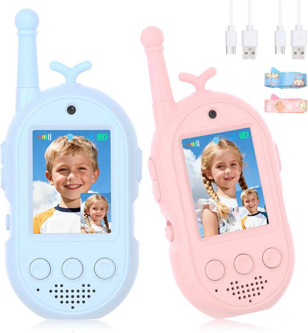 Video Walkie Talkies for Kids, 2 Pack Kids Walkie Talkies Rechargeable, Voice Changer & Sticker Effect,Long Range Toys for Family Games, Outdoor Camping, Gifts for Boys and Girls Ages 3-12 (BLue+Pink)