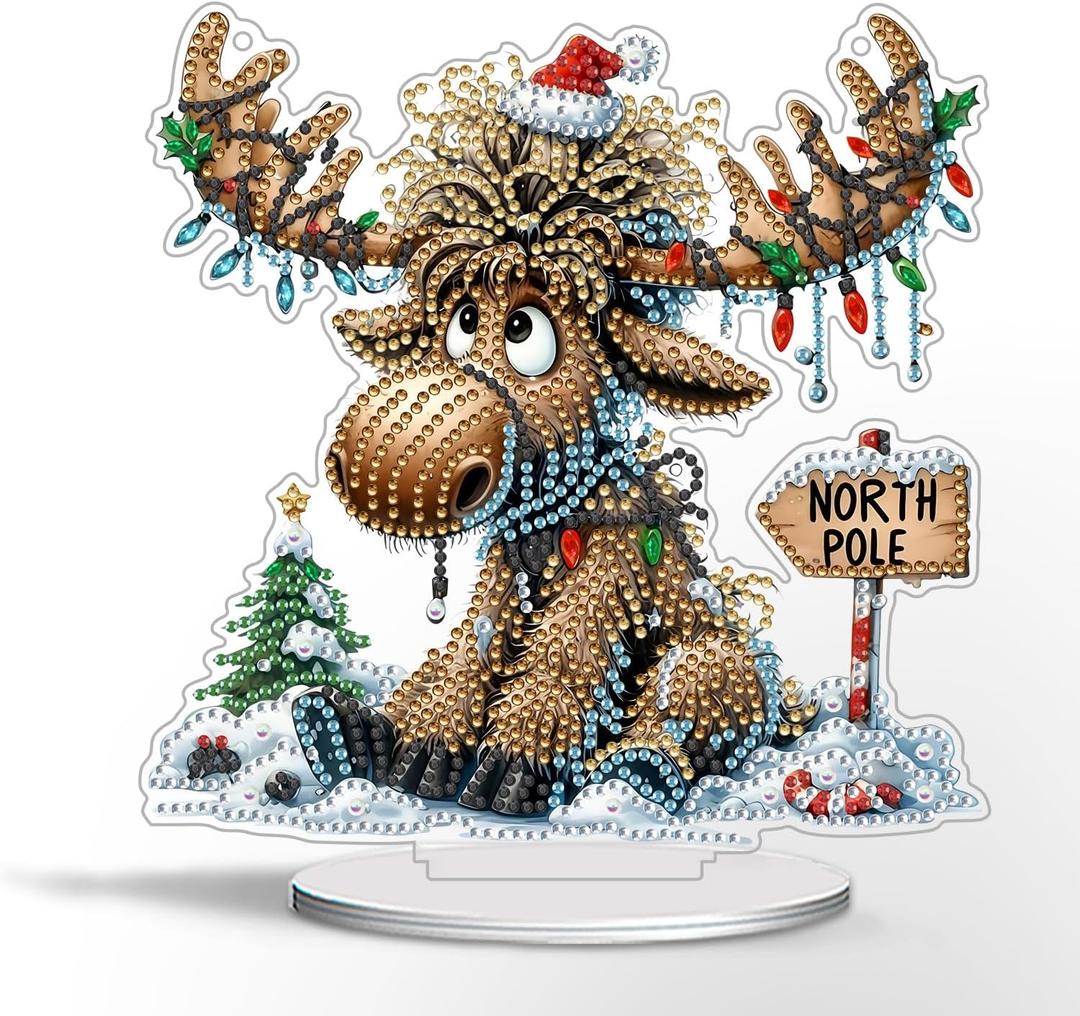 DIY Tabletop Diamond Art Painting Kit,Special Shaped Rhinestone Desk Placement Ornament,Home Stand Up Gem Painting Craft Kit Gift,Double Sided(Christmas Moose) (DP02284)