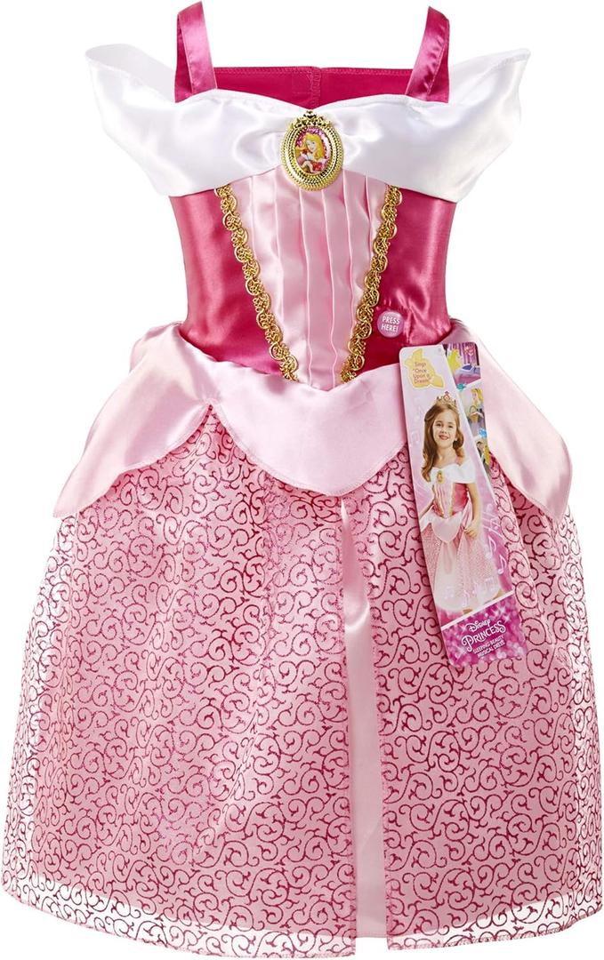 Disney Princess Aurora Dress Costume, Sing & Shimmer Musical Sparkling Dress, Sing-A-Long To Once Upon A Dream Perfect for Party, Halloween Or Pretend Play Dress Up 
