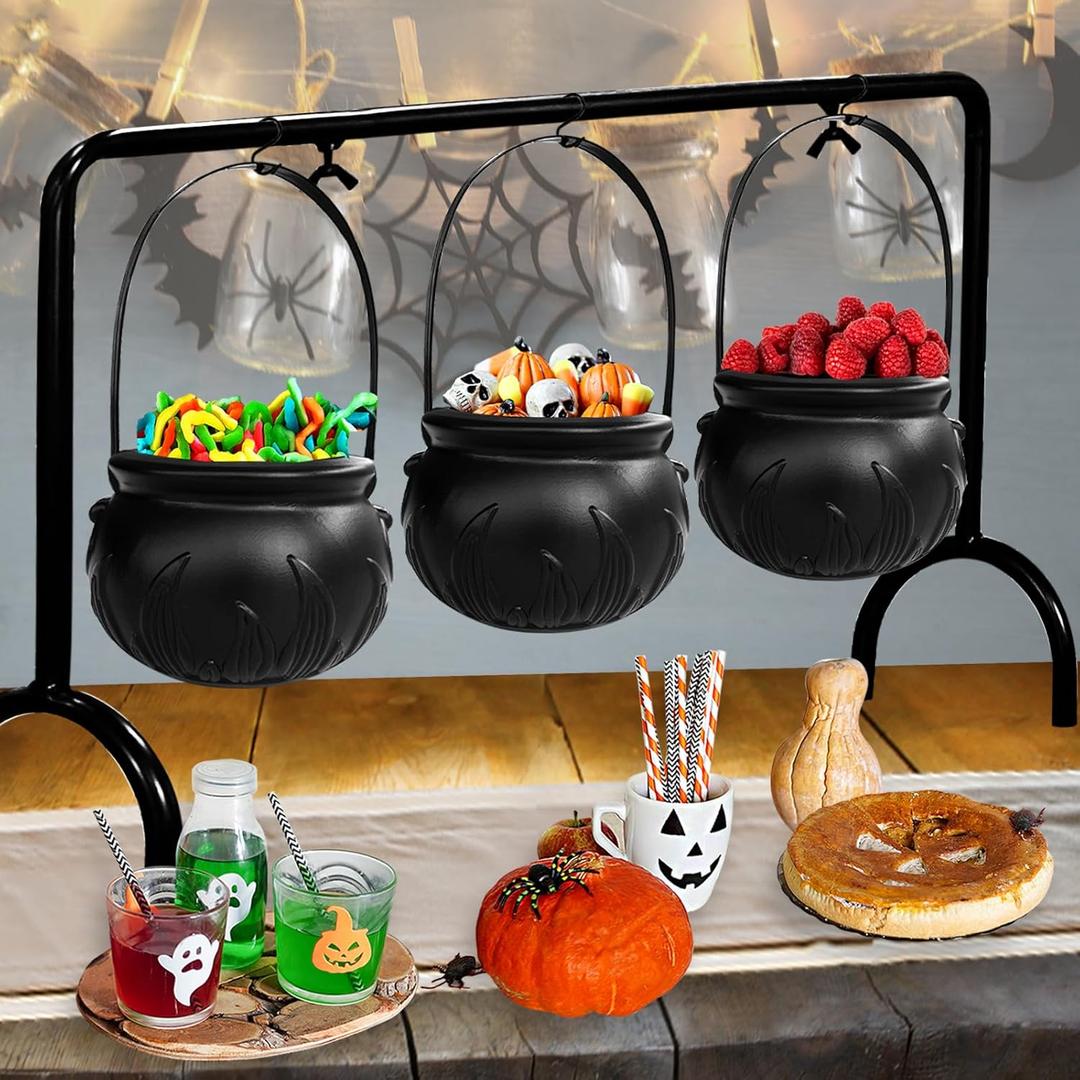 Halloween Cauldrons Serving Bowl Decor,Set of 3 Hanging Black Plastic Cauldron Bowls on Rack,Candy Punch Bowl Halloween Witches Cauldron for Home Kitchen Hocus Pocus Party Decorations Indoor