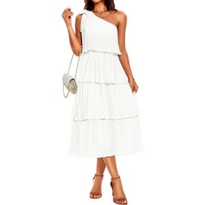 Pinup Fashion Women's 2024 Summer One Shoulder Sleeveless Dress Knot Pleated Ruffle Tiered Layered Chiffon Flowy Midi Dresses (Medium, White)