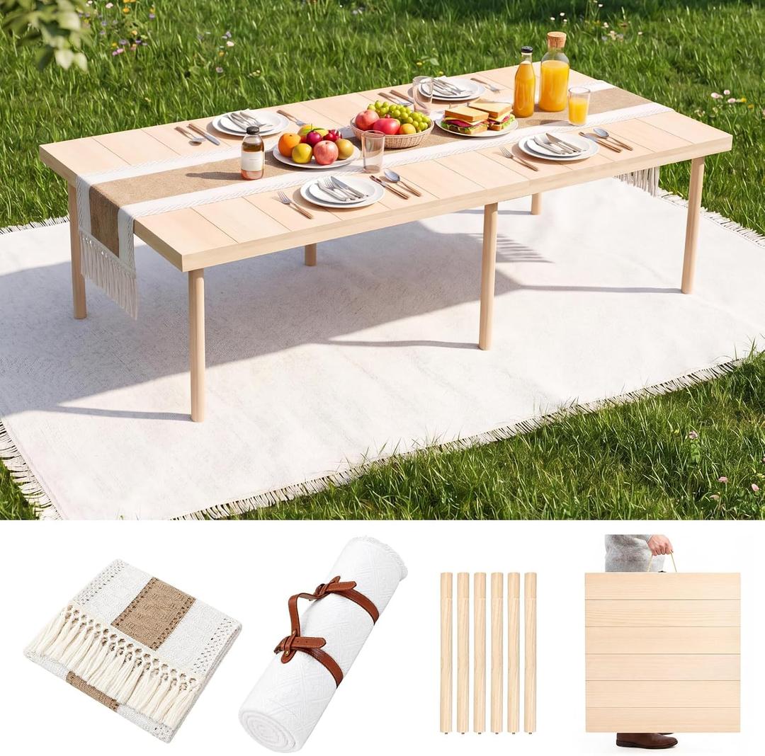 60" x 30" Boho Folding Picnic Table Set with Blanket and Runner, Extra Stable Low Wooden Table, Adjustable Height Portable Floor Seating for 4-6 People, Wedding Photoshoot Beach Camping Party, 32.1" x 32.1"