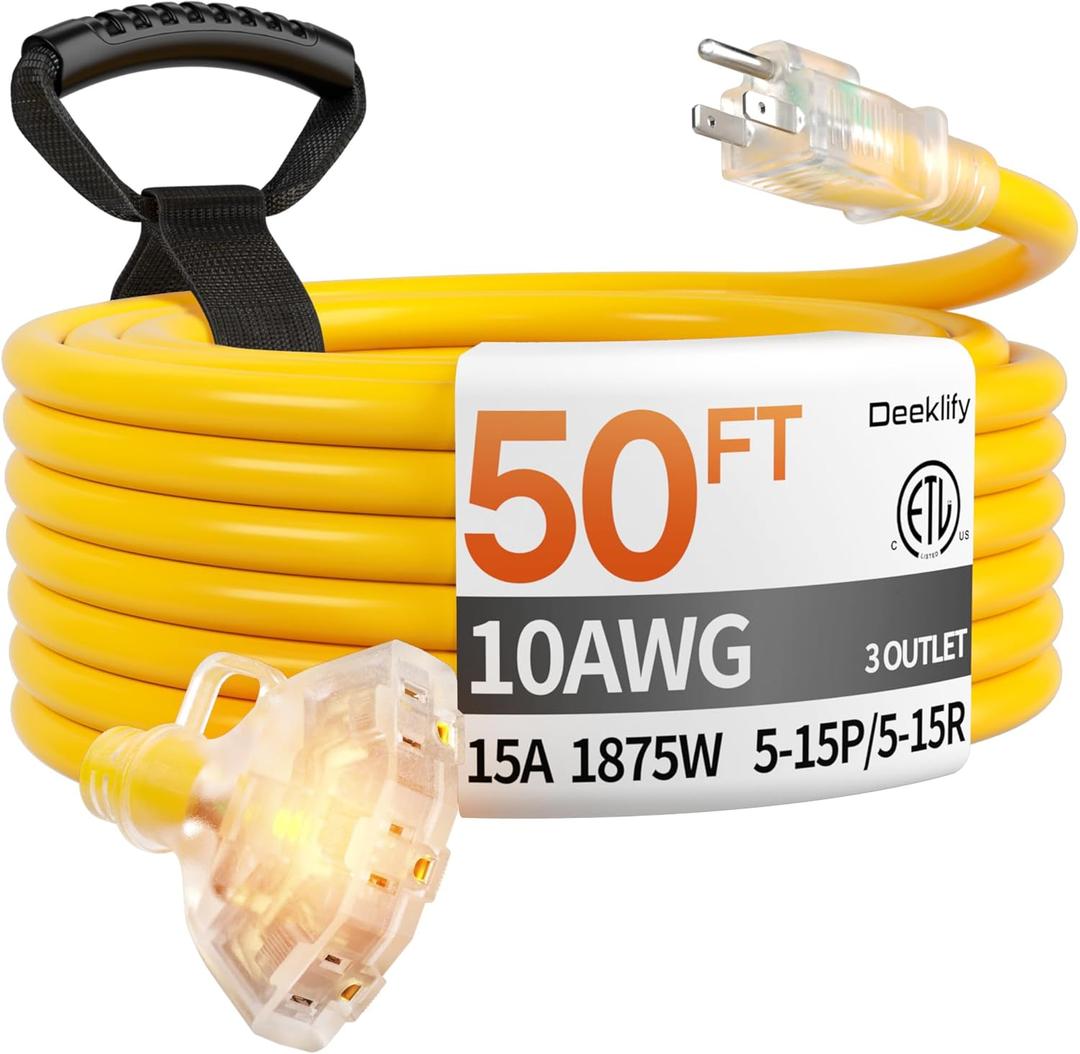 50 ft 10 Gauge Heavy Duty 3 Outlet Extension Cord Splitter with Indicator, Waterproof Outdoor Extension Cord with Multiple Outlets, 15A 1875W for Workshop, ETL Listed, Flexible Yellow SJTW