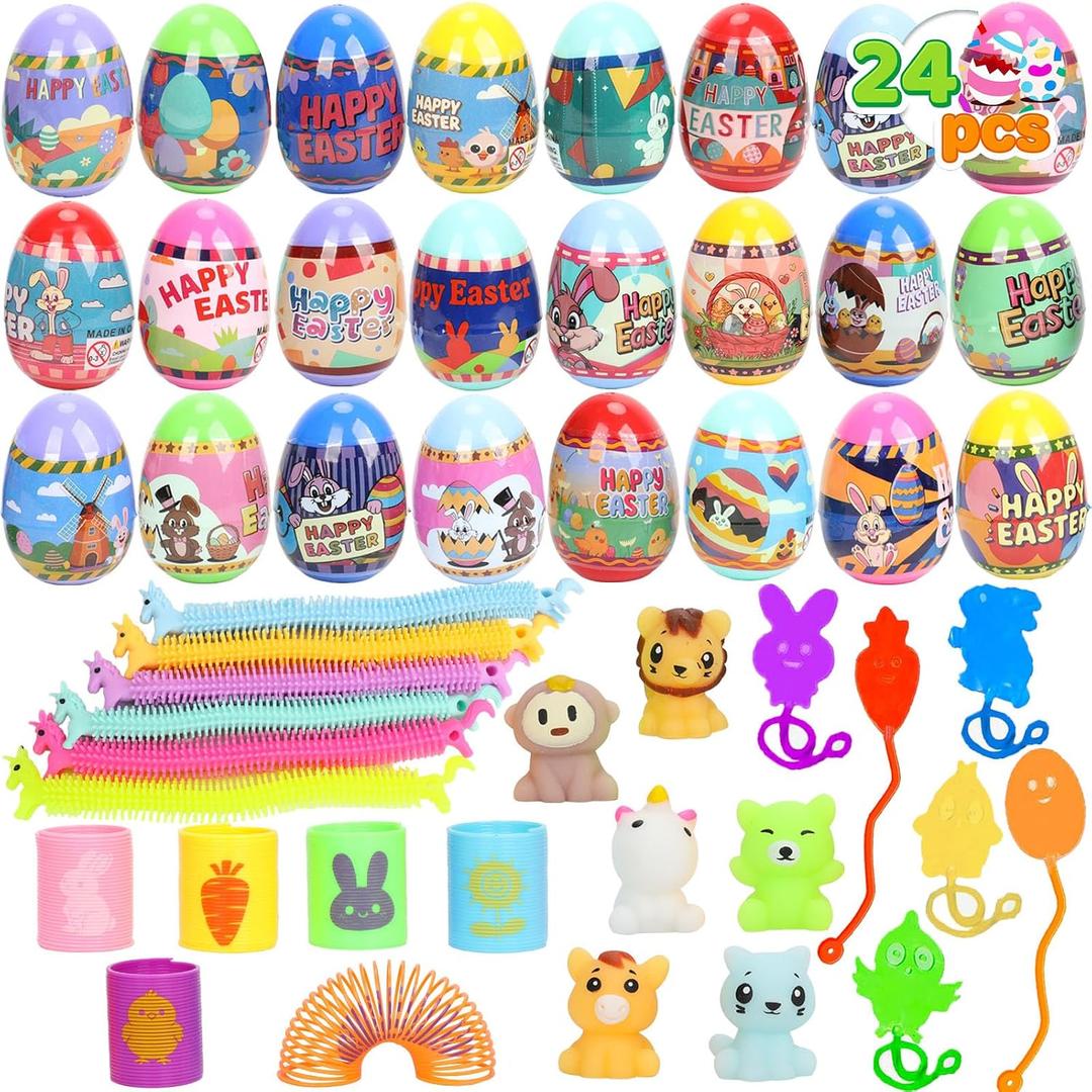 VOMAOK 24 Pack Easter Eggs with Toy Inside, Includes Coil Springs, Squishies, Sticky Hands, Stretchy Strings for Easter Basket Stuffers, Party Favors, Egg Hunts