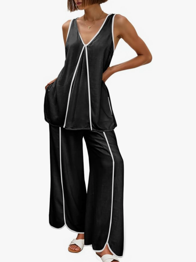 Cicy Bell Womens Summer Lounge Sets V Neck Sleeveless Tunic Tops Pajamas Sets Comfy Loungwear Wide Leg Pants 2 Piece Outfits
M