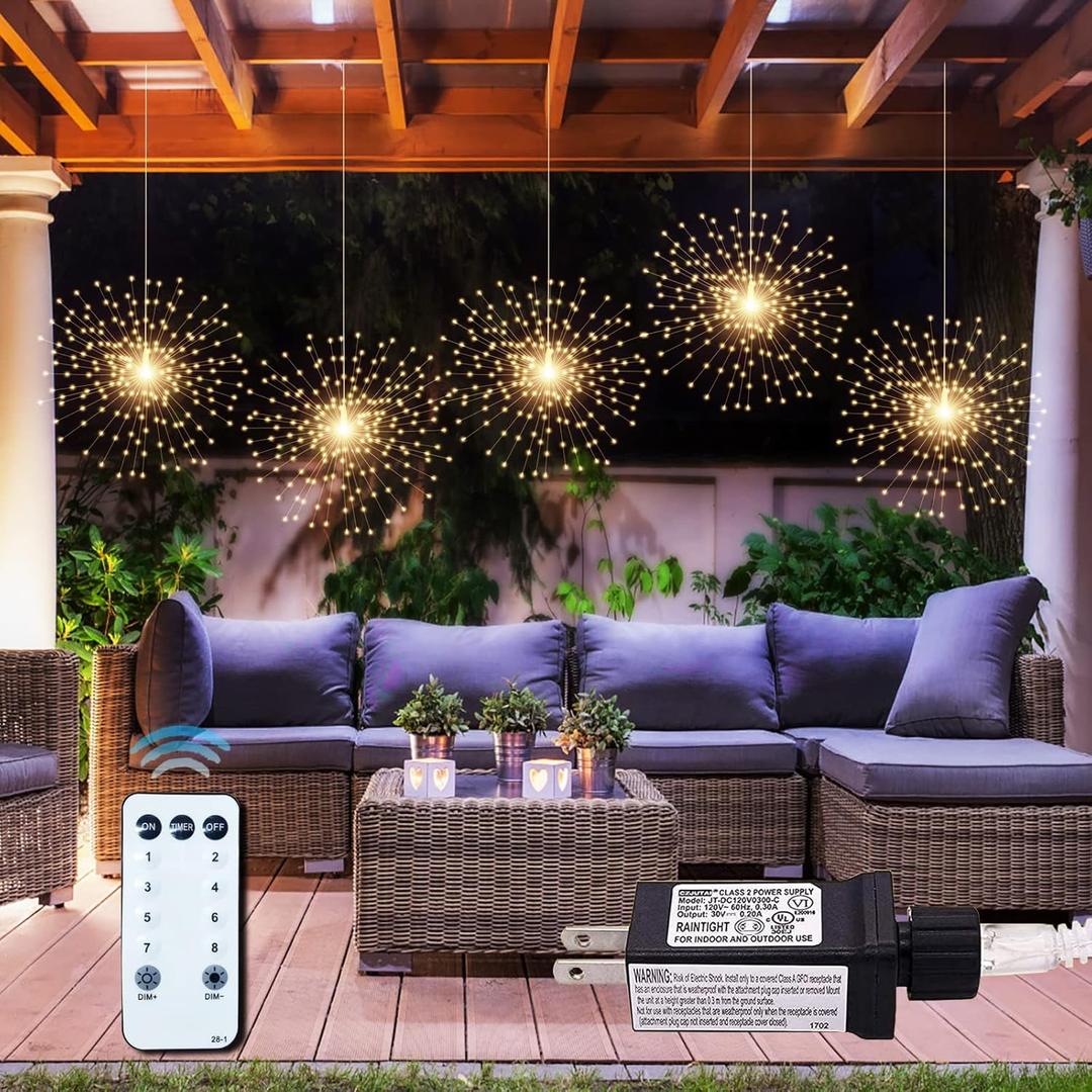 5 Pack 1000LED Plug in Starburst Sphere Lights,Firework Light 8 Modes Dimmable Remote Control Waterproof Hanging Copper Wire Fairy Light for Patio Party Tent Christmas (Warm White)