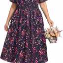 CARCOS Plus Size Dresses for Curvy Women V Neck Summer Maxi Dress Short Sleeve Floral Boho Dress Smocked Waist Beach Dress (Blue, 5XL)