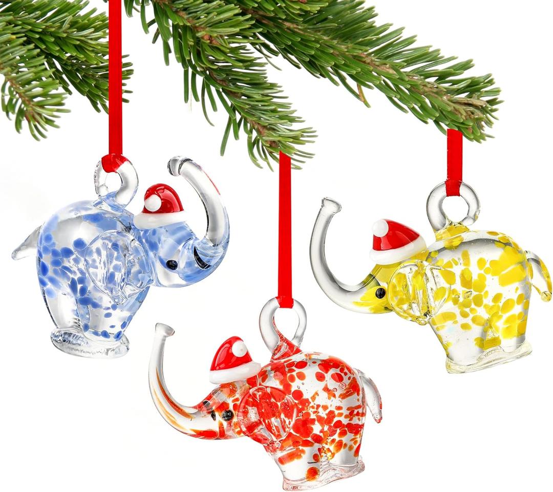 HDCRYSTALGIFTS 3PCS Glass Elephant Ornaments Hand Blown Glass Elephant with Christmas Hat Ornaments Christmas Tree Hanging Decoration Home Xmas Holiday Decor