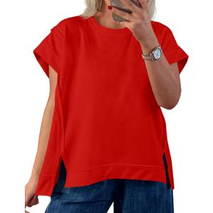 Tankaneo Womens Oversized Short Cap Sleeve T-Shirts Crew Neck Side Slit Tops Summer Casual Loose Fit Tees Tunic Shirts (Large, Red)