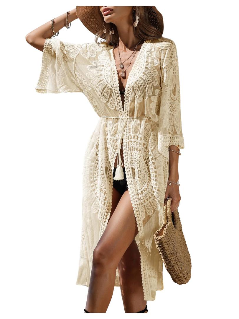 OYOANGLE Women's Floral Embroidery See Through Mesh Kimono Tassel Tie Front Swimsuit Coverup Tops Apricot One-Size (Beige)