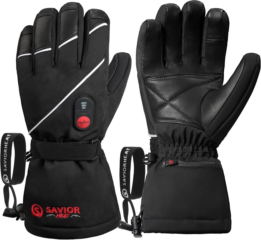 SAVIOR HEAT Heated Gloves for Men Women, Rechargeable Electric Heated Leather Skiing and Snowboarding Gloves (Small, Black)