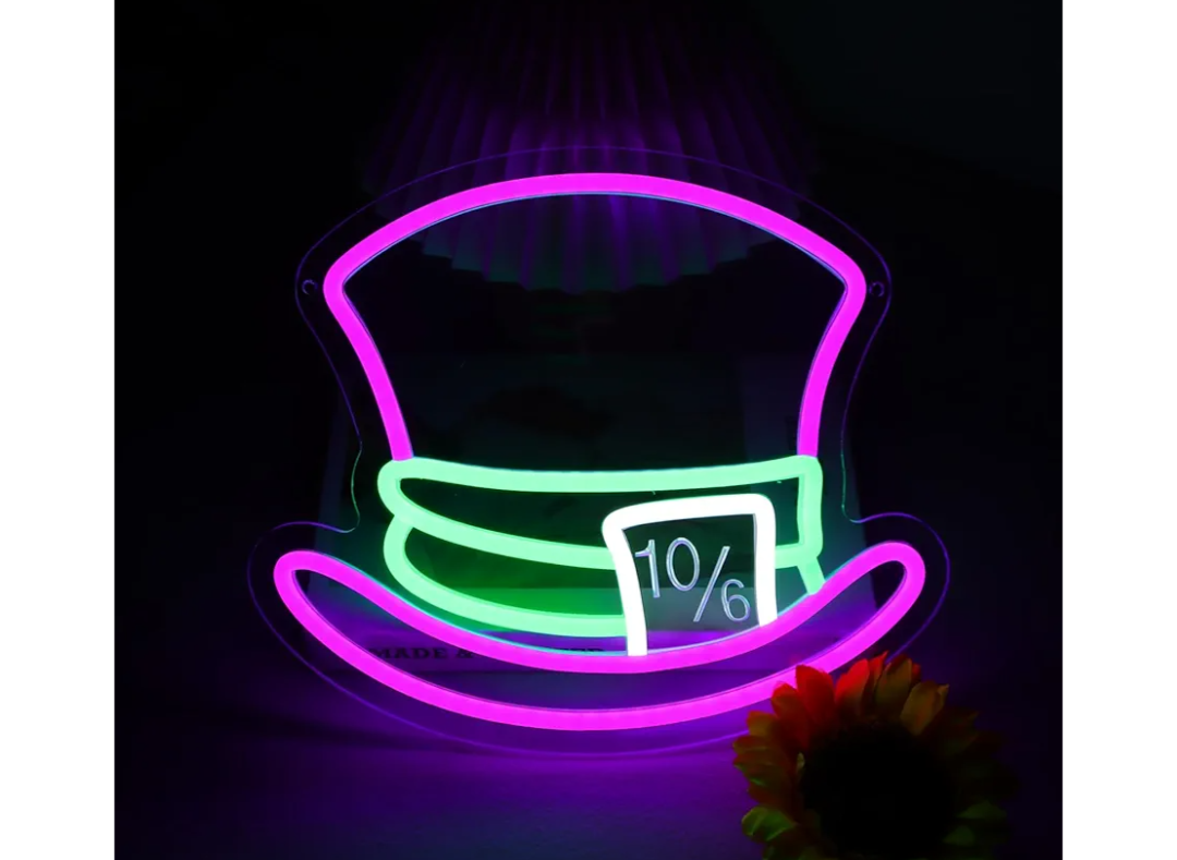 Mad Hatter Hat Neon Signs for Wall Decor Dimmable Alice in Wonderland LED Lights for Bedroom Man Cave Party Bar Background Decoration Birthday and Halloween Gifts, 11.42 * 9.8 Inches
