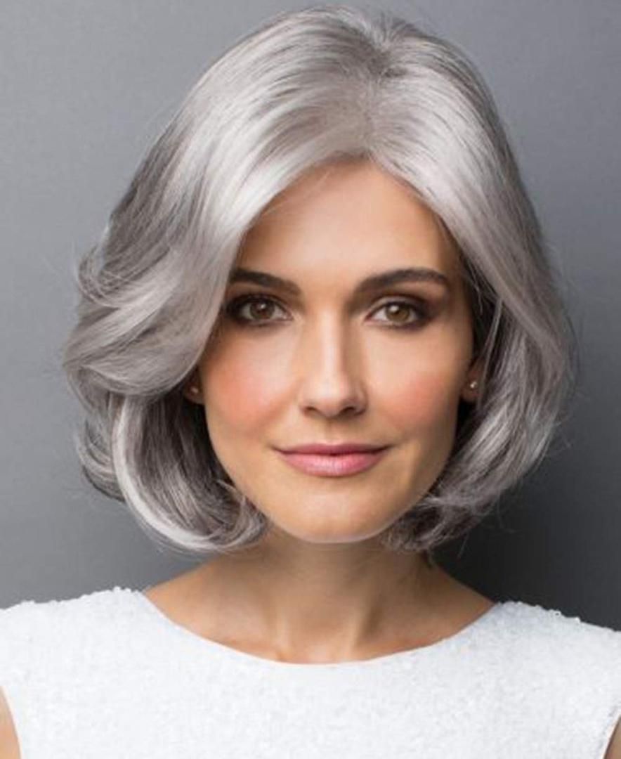SEVENCOLORS Short Grey Wigs for Women Lace Front Silver Gray Short Wavy Bob Wigs Natural Hair Synthetic Wigs for Older White Women