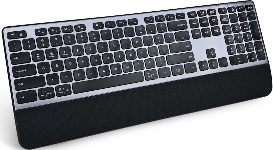 K9100 Wireless Bluetooth Keyboard, Full Size, Multi Devices Keyboard with Wrist Rest, 3-Level Backlit, Number Pad, Rechargeable Quiet for Computer, Laptop, iPad, MacBook, Office, Work.