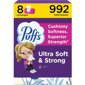 Puffs Facial Tissue Ultra Soft Non-Lotion, 8 Rectangle Boxes, 124 Facial Tissues per Box, Allergies and Colds