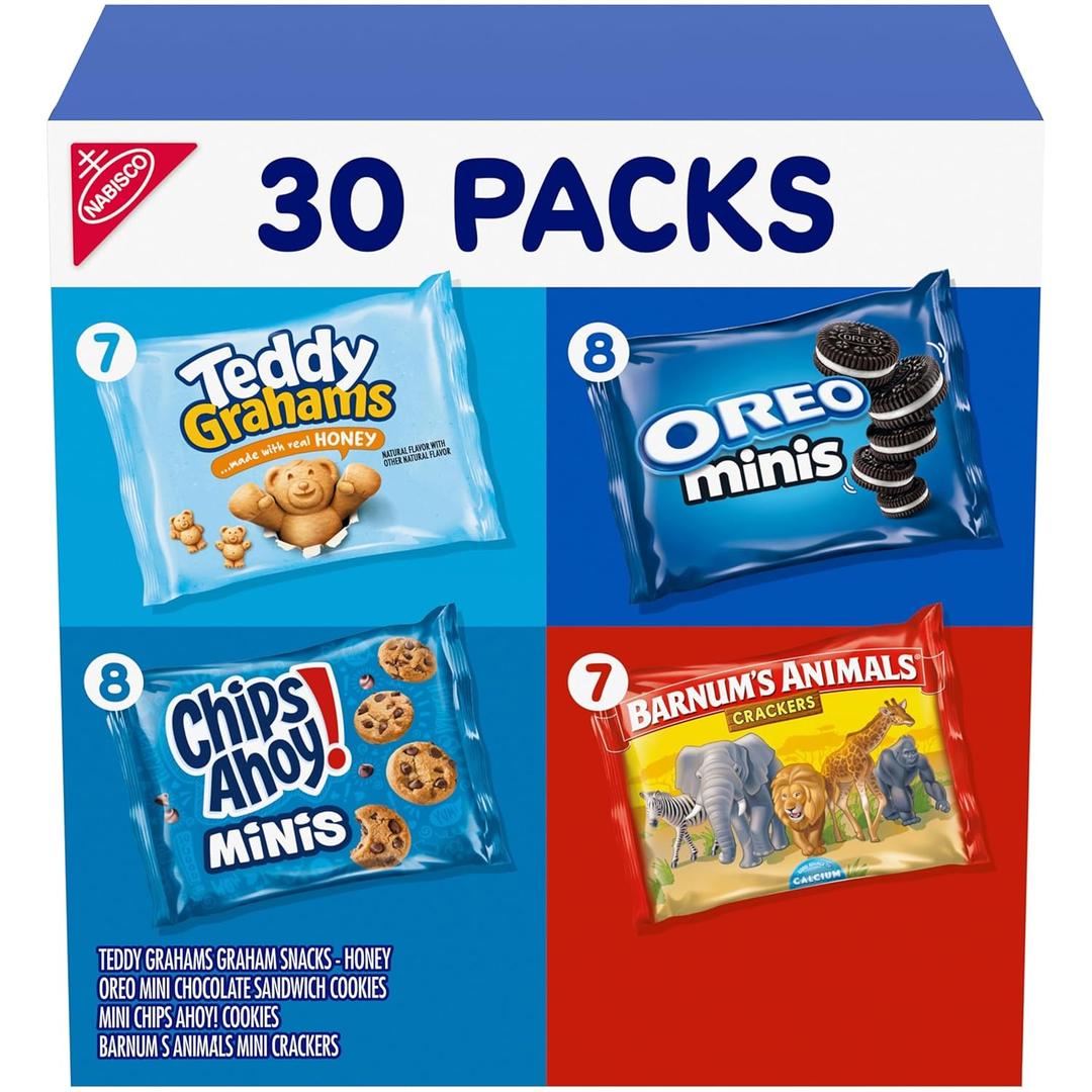 Nabisco Team Favorites Variety Pack, OREO Mini, CHIPS AHOY! Mini, Teddy Grahams Honey & Barnum's Animal Crackers, 30 Snack Packs