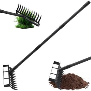 2 in 1 Weeding Tools Gardening Weed Puller with Long Handle,Stirrup Hula Garden Hoe with 12 Tines Rake,Garden Tiller Cultivator with 76" Adjustable Handle for Weeding,Seeding,Ditching,Loosening