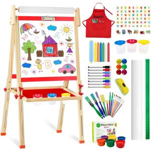 Easel for Kids, Art Easel for Kids Ages 4-8 Adjustable Double-Sided Wooden Toddler Painting Easel with Paper Roll Magnetic Whiteboard & Chalkboard Drawing Board 2-4 3-5 Boy Girl Gifts 3 4 5 Year Old
