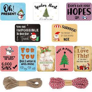 Kosiz 100 Pack Christmas Funny Gift Tags, Xmas Gift Wrap Tags with Jute Rope Baker Twine for DIY Personalizing Your Holiday Present Hanging Tag Label, 10 Designs, 3.9x2.8 Inches