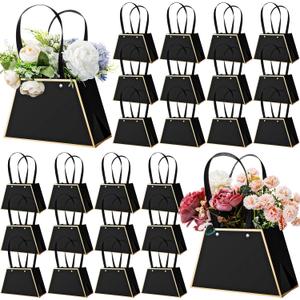 Noveread 24 Pcs Valentine's Day Floral Gift Bags Bulk Portable Bouquet Wrapping Paper Bag with Handle Waterproof Flower Florist Wrap Centerpiece Box for Women Anniversary Wedding Birthday(Black)